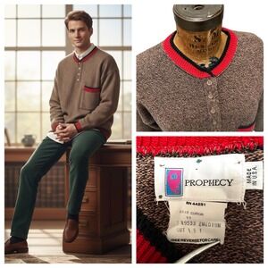 Vtg 90s Prophecy Henley Sweater Mens Brown Red M Cotton Made in USA Preppy Retro